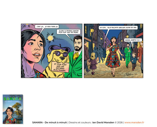 Samara — Paris, mouvement et récit visuel — Planche de BD couleur montrant une scène urbaine et vivante, construite pour le storytelling visuel, la lisibilité narrative et l’atmosphère propre au roman graphique.