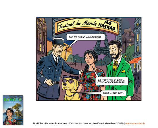 Samara — scène parisienne en bande dessinée — Illustration narrative située à Paris, mêlant décor urbain, personnages et progression scénaristique dans une approche de bande dessinée, de roman graphique et d’illustration de ville.
