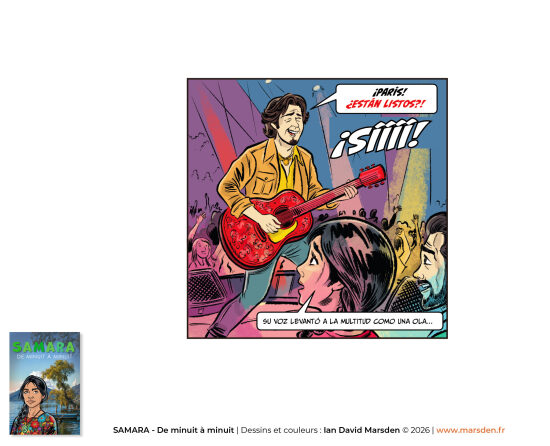 Samara — concert rock, version espagnole — Illustration de bande dessinée consacrée à la musique live et à la performance scénique, dans une approche de graphic novel, d’illustration séquentielle et de storytelling visuel.