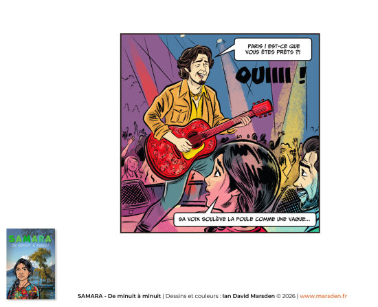 Samara — rock concert en bande dessinée — Planche de BD musicale combinant scène, énergie et présence des personnages dans un style de comic art, de roman graphique et de visual storytelling dynamique.