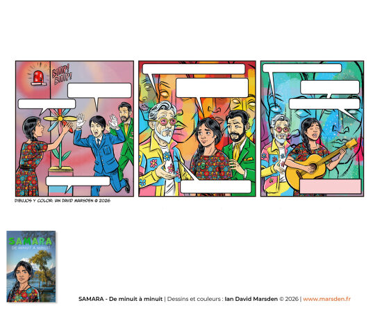 Samara — exposition et planches de BD — Visuel de présentation autour de Samara, montrant le projet comme univers de bande dessinée, roman graphique et illustration séquentielle avec une forte cohérence visuelle.