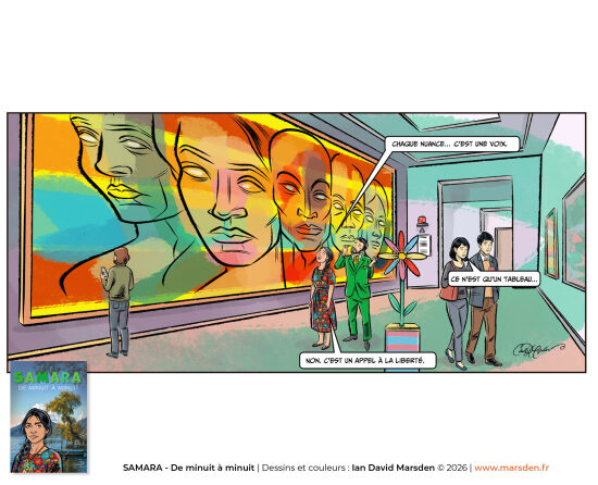 Samara — Tokyo, couleur et narration visuelle — Illustration de BD située dans un décor urbain contemporain, pensée comme comic art, illustration narrative et storytelling visuel à forte identité graphique.