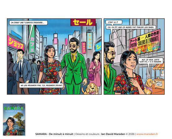 Samara — Tokyo, scène urbaine en BD — Planche de roman graphique inspirée d’un environnement urbain dense, mêlant architecture, personnages et visual storytelling dans une approche de bande dessinée couleur.