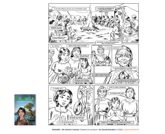 Samara — planche noir et blanc 1 — Planche de bande dessinée noir et blanc mettant en avant le dessin, le découpage et la narration séquentielle dans une approche de dessinateur de BD, de comic artist et de roman graphique.