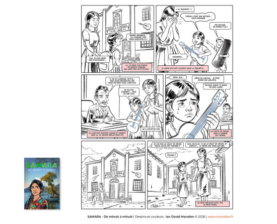 Samara — planche noir et blanc 2 — Illustration de BD noir et blanc centrée sur le rythme du récit, les personnages et la composition de page, dans une logique de narration graphique et de visual storytelling.
