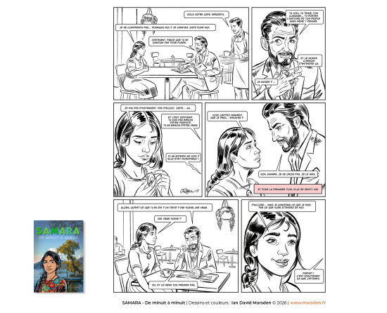 Samara — planche noir et blanc 4 — Planche de roman graphique en noir et blanc, conçue pour montrer le travail de mise en scène, de séquençage et d’illustration narrative propre à la bande dessinée d’auteur.