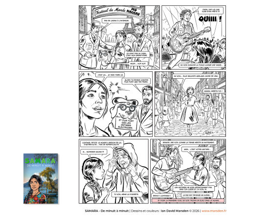 Samara — planche noir et blanc 6 — Planche de BD mettant en avant le dessin narratif, l’expression des personnages et la lisibilité du récit, dans une approche de dessinateur de BD et d’illustration séquentielle.