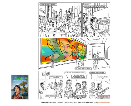 Samara — planche noir et blanc 7 — Illustration de roman graphique en noir et blanc, construite autour de la narration, du dialogue et du rythme visuel, dans un style de comic art et de bande dessinée contemporaine.