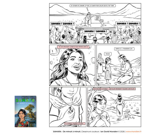 Samara — planche noir et blanc 10 — Planche de comic art en noir et blanc montrant le travail de composition, de lecture et de tension narrative propre à la bande dessinée et au roman graphique.