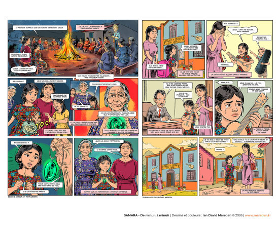 Samara — sélection de pages en couleur 1 — Ensemble de pages de bande dessinée couleur présentant l’univers graphique de Samara, entre illustration narrative, roman graphique et visual storytelling à forte cohérence visuelle.