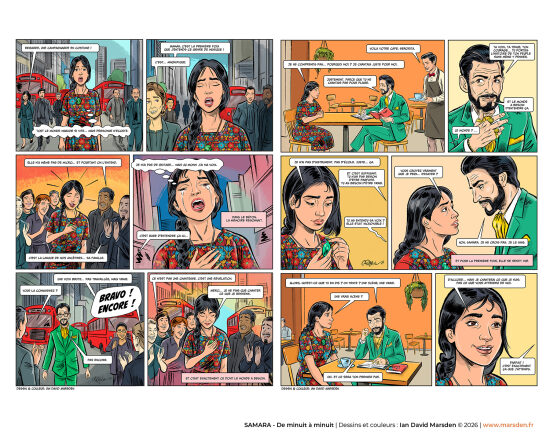 Samara — sélection de pages en couleur 3–4 — Double page de BD mettant en valeur la continuité du récit, les personnages et l’ambiance colorée, dans une approche de graphic novel et d’illustration séquentielle contemporaine.