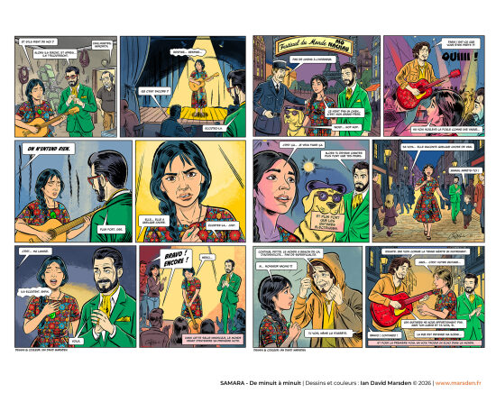 Samara — sélection de pages en couleur 5–6 — Pages de roman graphique où se combinent décor, musique, émotion et progression narrative, dans un style de bande dessinée et de comic art développé en France.