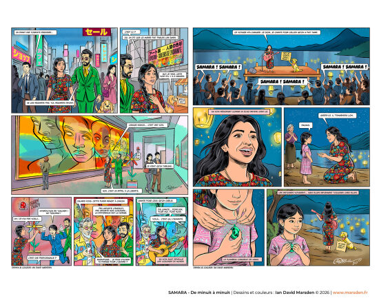 Samara — sélection de pages en couleur 9–10 — Double page de bande dessinée couleur mettant en avant la continuité du récit, la mise en scène des personnages et la richesse du visual storytelling, dans une approche de roman graphique, d’