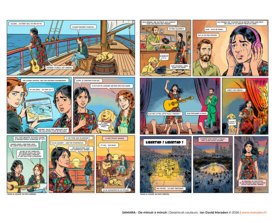 Samara — sélection de pages en couleur 8–9 — Double page de bande dessinée mettant en avant la narration, la couleur et la construction d’un univers, dans une approche de roman graphique, d’illustration narrative et de visual storytelling