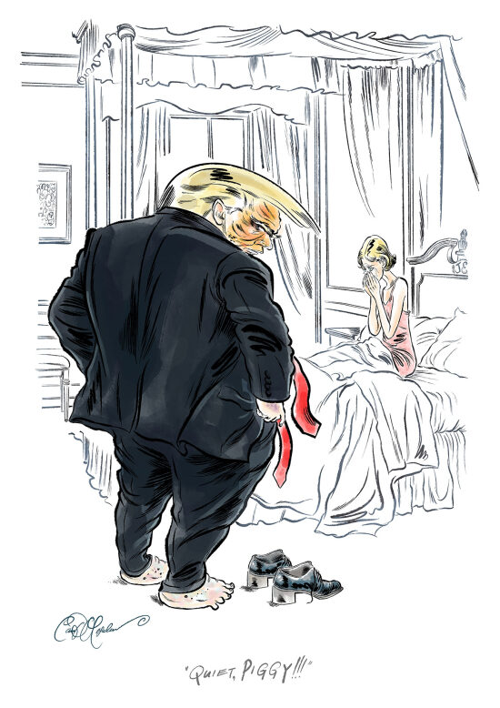 Tais-toi cochonne — Illustration de presse incisive autour de la violence verbale, du pouvoir et du langage social. Ce dessin privilégie l’impact immédiat, l’expressivité des personnages et une mise en scène graphique directe, tendue et lis