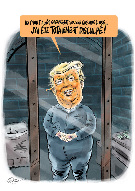 Totalement disculpé — Illustration éditoriale satirique autour du langage politique, de la posture publique et du retournement narratif. Un dessin de presse dynamique, construit pour condenser une situation complexe en image claire, frappante et